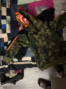 Bape Men’s Camo Zip-Up Hoodie with Tiger Shark Hood - Green & Orange